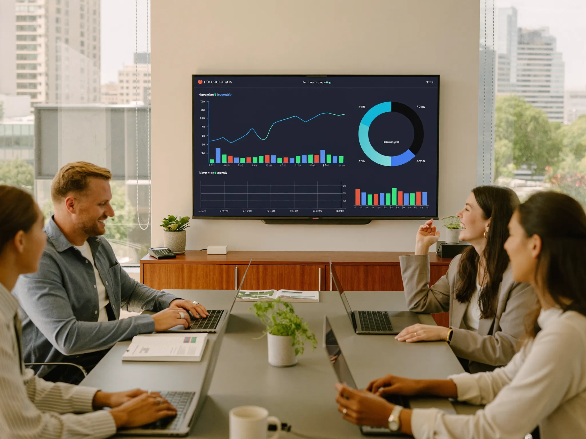 The Innolance team collaborating in a meeting room with an Execution Clarity dashboard on screen